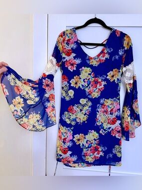 Royal Blue Floral Bell Sleeve Dress